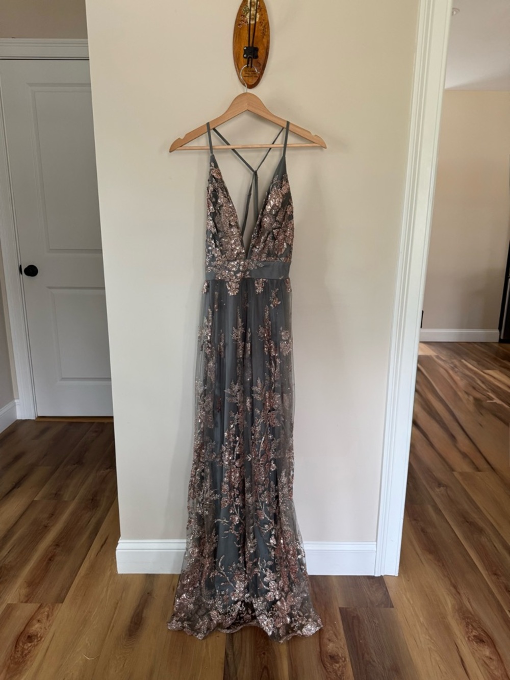 Embellished Gray Tulle Dark Sage Gown with Rose Gold Sequin Floral